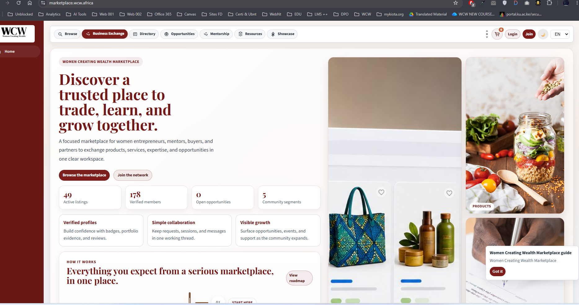 Women Creating Wealth marketplace and business directory homepage
