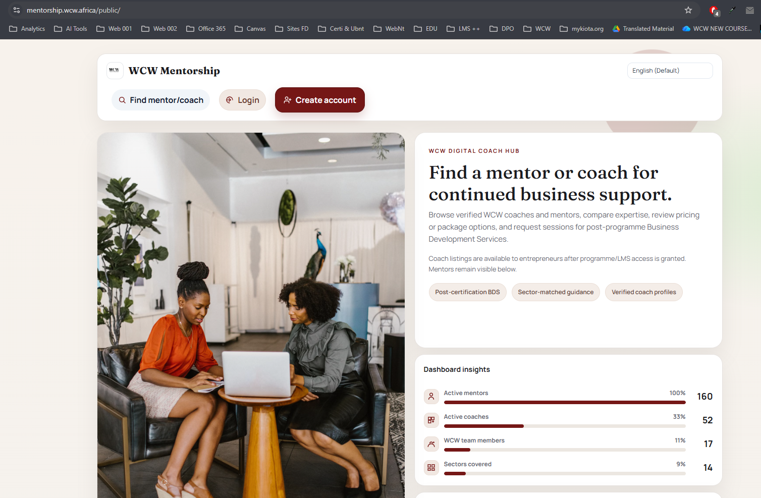 WCW Mentorship platform homepage and mentor dashboard